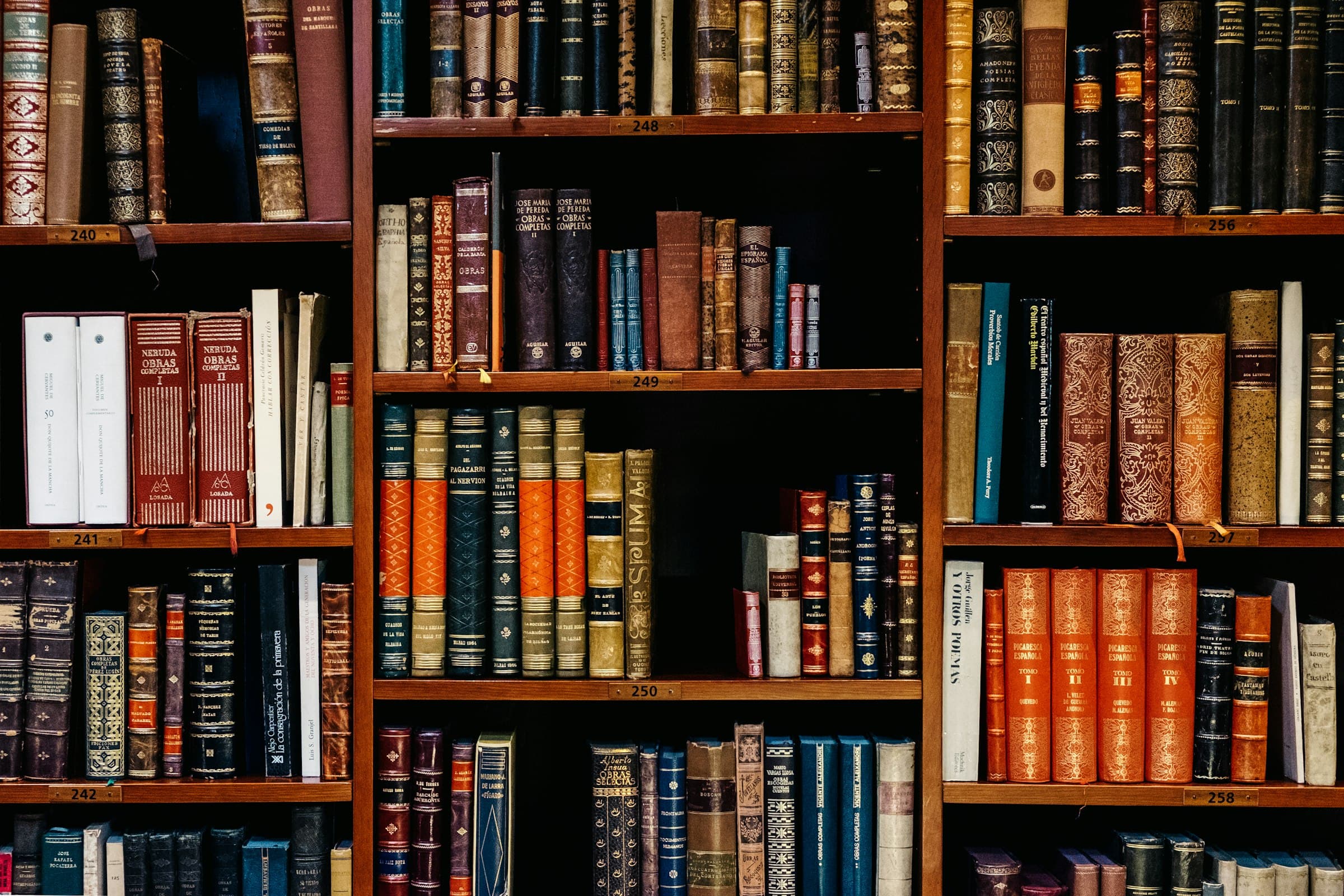 Stacks of books in warm library light